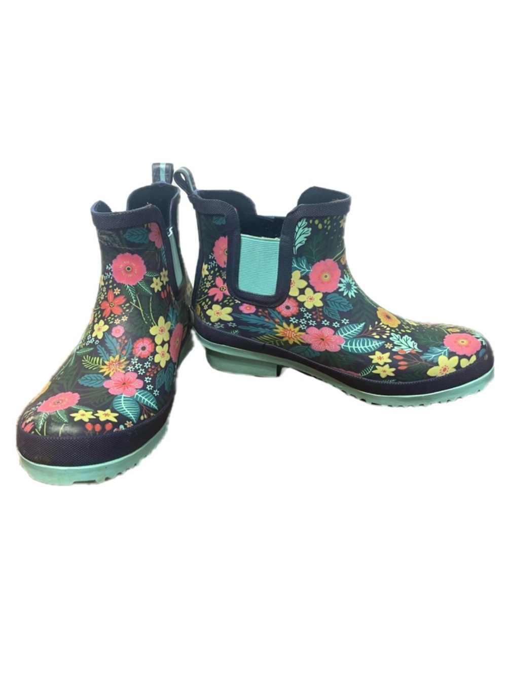 Gardenline Floral Rain Ankle Muck Boots - Teal & Pink size 7 wide pull on